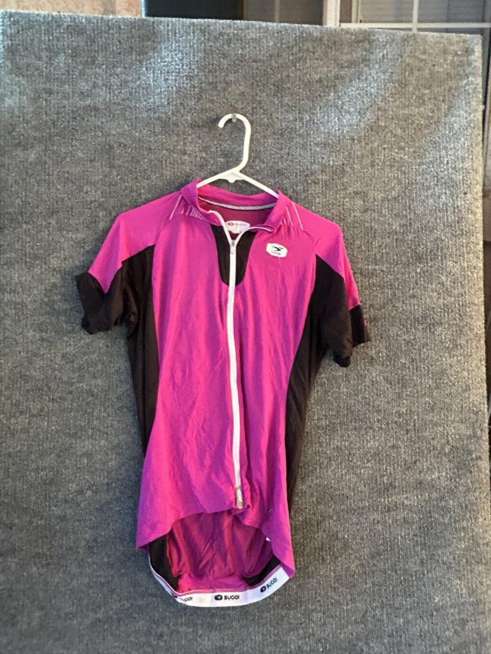 Sugoi Cycling Jersey Mens Large Pink Black Full Zip Short Sleeve Pockets Bike